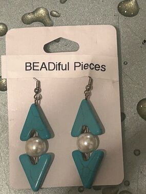 Turquoise Geometric Drop Earrings with Pearl Bead